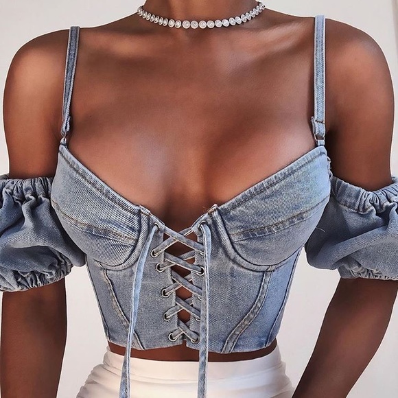 House of CB Tops - ❌❌❌ SOLD ❌❌❌ House Of Cb “Pappilon” Stretch Denim Lace Up Corset Size L
